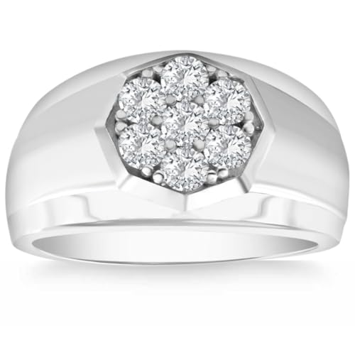 Pompeii 1 Ct Diamond Ring Men's Cluster Hexagon Band in 10k White or Yellow Gold - Size 12