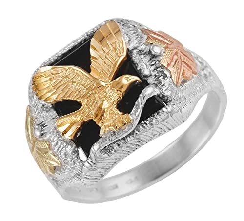 Men's 10k Yellow Gold Eagle Onyx Ring, Sterling Silver, 12k Green and Rose Gold Black Hills Gold, Size 11