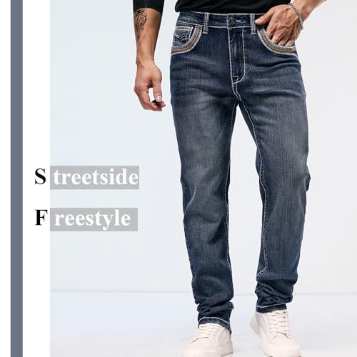 Men's Jeans - Embroidery Washed Crackle Design Jeans Relaxed Fit Stretch Casual Jeans Comfortable Classic Fit Jeans (US, Waist, 34, Regular, Blue)