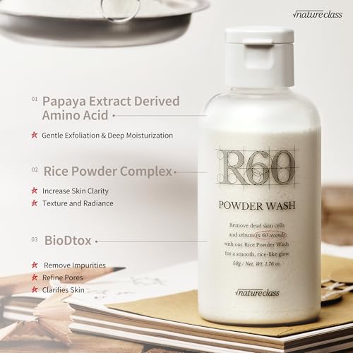 NATURECLASS R60 Rice Enzyme Face Wash Powder – Exfoliating Facial Cleanser with Rice Bran Extract, Gentle Powder Wash for Sensitive Skin, Deep Pore Care, Korean Skin Care, Fragrance Free, 1.76oz