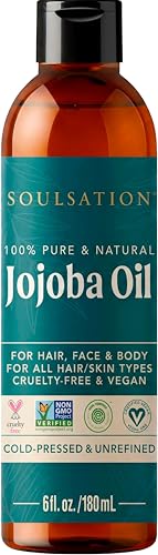 SOULSATION Pure Jojoba Oil for Skin, Hair, Face & Body 100% Natural, Cold Pressed, Unrefined | Non-GMO, EWG Verified, Cruelty-Free, Vegan Moisturizing Oil for Dry Skin, Scalp & Beard 6oz