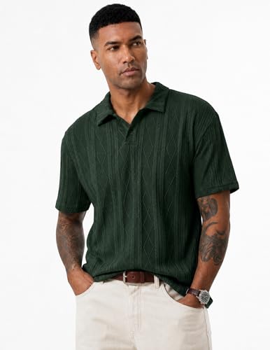 JMIERR Polo Shirts for Men Classic Fit Short Sleeve Loose Casual Soft Button Old Money Textured Cable Knit Shirt Quiet Luxury Clothes, XL, Green
