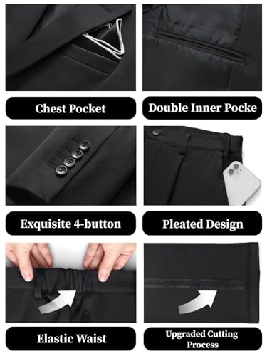 Men's Classical Business Suit, 2 Piece Set Regular Fit Casual Blazer Jacket Pants, Formal Dress Suit for Elegant Gentleman Men, Single Breasted Notch Lapel Tuxedo for Wedding Prom - Black
