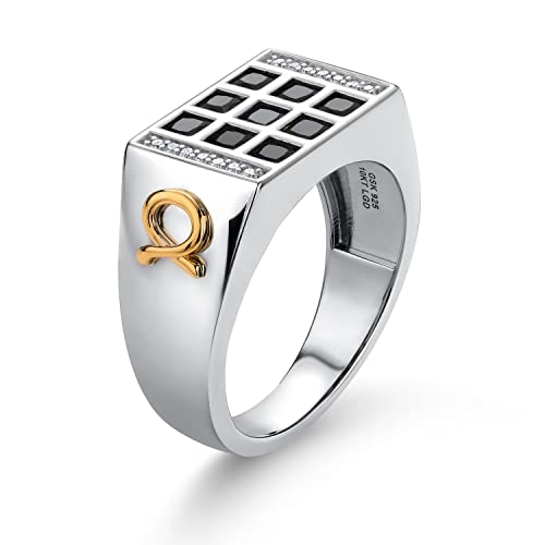Gem Stone King Men's 925 Sterling Silver and 10K Yellow Gold Black Onyx and White Lab Grown Diamond Ring with Alpha Symbol (1.27 Cttw, Size 11)