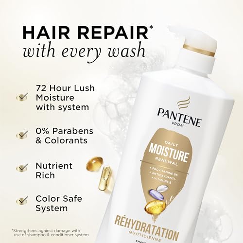 Pantene Shampoo, Daily Moisture Renewal with Vitamin E - Pro-V Nutrients for Dry, Color-Treated, Straight to Curly Hair, 72-Hour Hydration & Softness, Paraben Free, 27.7 Fl Oz