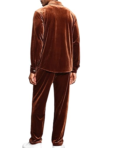 LecGee Mens Fashion Pants Set Velour Velvet Button Down Shirt Casual Fall 2 Piece Lounge 80s Outfit Tracksuit(Brown,XXL)