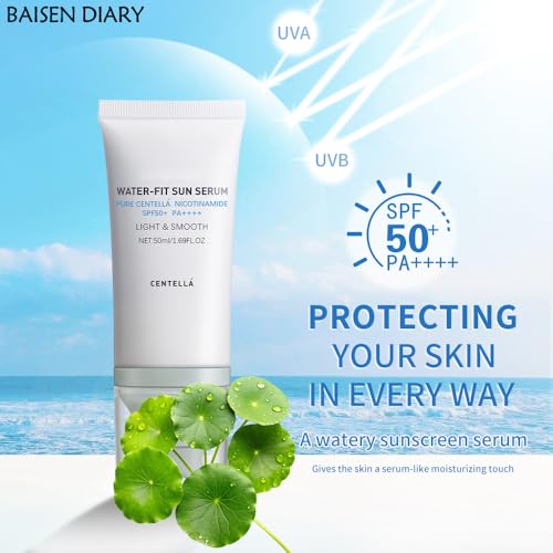 BAISEN DIARY Centella Sunscreen SPF 50 PA++++, Hyalu Cica Water-Fit Sun Serum, Lightweight Sunscreen with Centella Asiatica, Hydrating & Non-Greasy Sun Protection for Sensitive Skin
