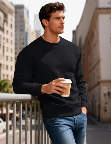 MAGCOMSEN Mens Sweatshirts Winter Warm Textured Pullover Shirt Long Sleeve Soft Plain Casual Soft Sweatshirt for Men No Hood Black