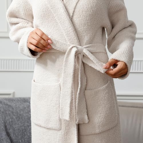 MH MYLUNE HOME Ultra Soft Robe With Pockets, Spa Bathrobe Loungewear Calf-Length, Plush Fuzzy Fluffy Wrap Robe for Women, Women's Robes, Hooded Ribbed Taupe