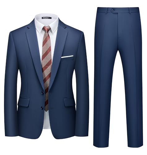 WULFUL Men's 2 Piece Suits Slim Fit Two Button Blazer Jacket Pants Set for Party,Wedding and Business Navy