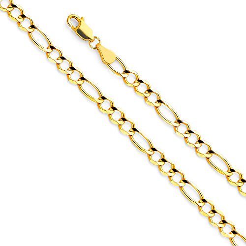14k REAL Yellow Gold Solid Men's 4.5mm Figaro 3+1 Open Chain Bracelet with Lobster Claw Clasp - 7.5"