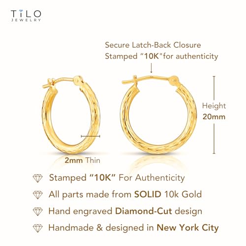 10K Yellow Gold Hand Engraved Full Diamond-cut Round Hoop Earrings 20mm