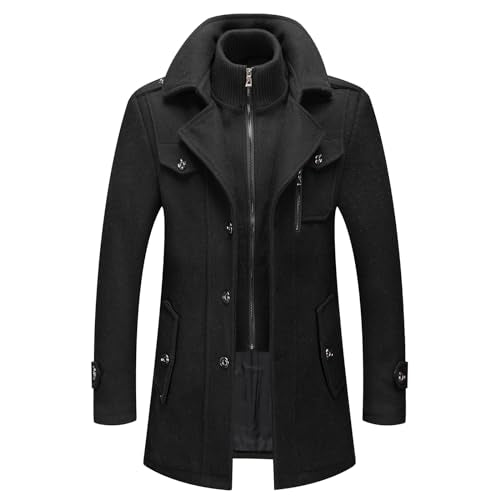 INVACHI Men's Wool Blend Coat Double Collar Trench Coat Single Breasted Overcoat for Autumn Winter