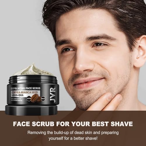 JVR Face Scrub for Men, Facial Scrub for Deep Exfoliating, Cleansing Blackheads, Ingrown Hair, Pre-shave Soften, Organic Formulated with Coffee Extract, AHA and BHA Face Exfoliator (4.23 oz)