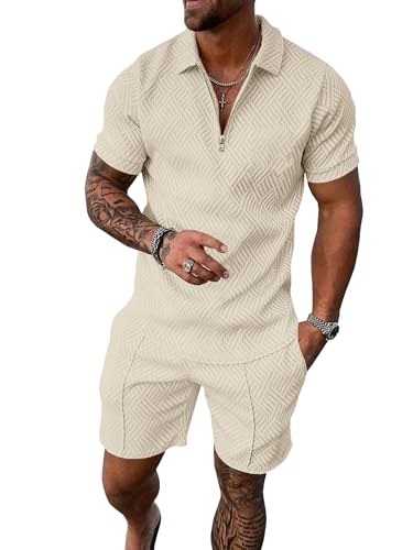 UOUA Mens Track Suits 2 Piece Sets Short Sleeve Sweatsuit Outfits Casual Quarter Zip Golf Polo Shirts & Summer Jogger Shorts Outdoor Sets Beige L