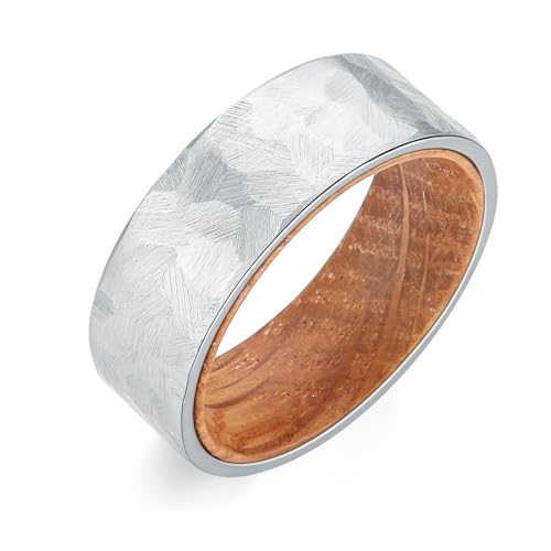 Adreamz 8mm Silver Hammered Stainless Steel Ring Whiskey Barrel Wood Inner Hole Inlaid Fashion Promise Wedding Band for Men Women Comfort Ring Size 11.5