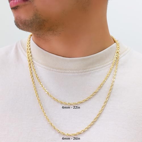 Nuragold 10k Real Yellow Gold 4mm Rope Chain Lightweight Necklace (16"-30") - 22"