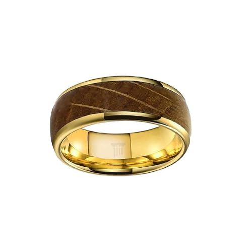 6mm Yellow Gold Ring with Bourbon Wood Inlay Tungsten Rings for Men 14K Gold Wedding Band Whiskey Barrel Ring