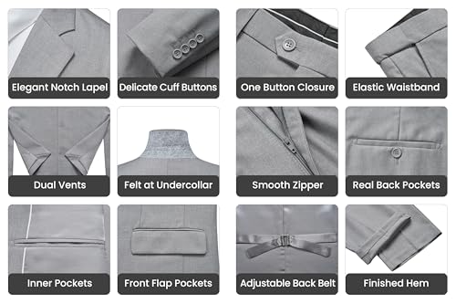Saruit Men's Suits Slim Fit Tuxedo Suit Set 3 Piece 2-Button Solid Prom Wedding Party Blazer Vest Pants Light Grey