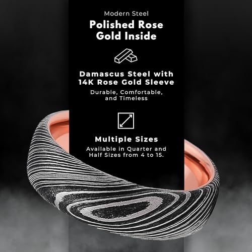 The Jewelry Source 7mm Damascus Steel Wedding Band for Men – 14K Rose Gold Sleeve – Comfort Fit Ring with Etched Grain Pattern (4)