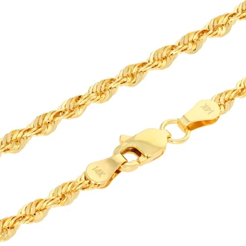Nuragold 14k Real Yellow Gold 3mm Rope Chain Lightweight Necklace (16"-30") - 20"