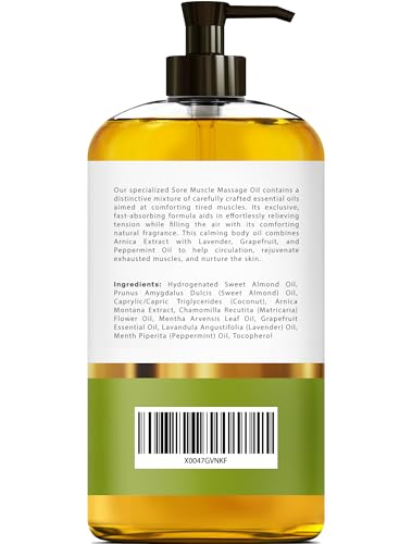 Arnica Sore Muscle Massage Oil – 100% Pure & Natural - Massage Therapy for Muscles & Joints – Body Oil Infused with Arnica Extract, Lavender Oil, Peppermint Oil & Chamomile Oil – 8 FL OZ