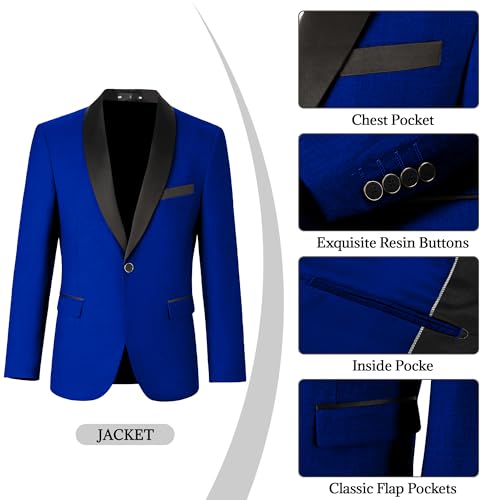 Mens Formal Suits Slim Fit Royal Blue Suit Jacket Vest Pants 3 Piece Set Solid Shawl Lapel Tuxedo Suits for Men Wedding Homecoming Prom Suit XL