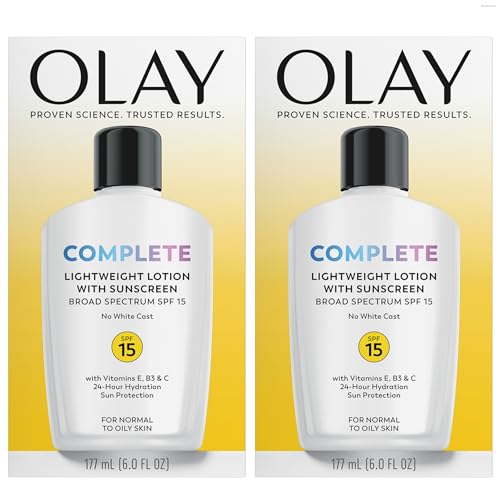 Olay Face Moisturizer, Complete with Sunscreen SPF 15, Daily Facial Lotion for Normal Skin, Lightweight Hydrating Broad Spectrum Sun Protection - Vitamin C, E, and Niacinamide - 6 Oz 2 Pack