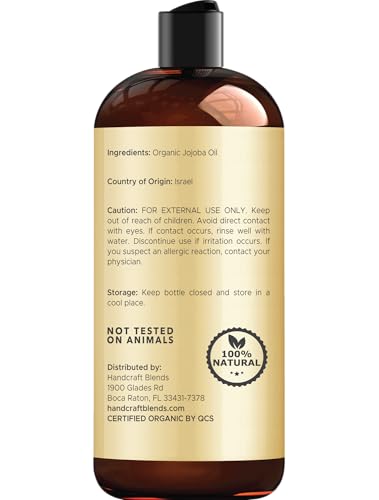 Handcraft Blends USDA Organic Jojoba Oil | Cold-Pressed | 16 Fl Oz | 100% Pure & Natural | for Hair, Skin & Face | Premium Grade Carrier Oil | for Massage & Aromatherapy | Hexane-Free