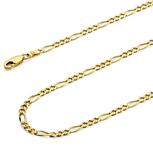 14k REAL Yellow Gold Solid Men's 4.5mm Figaro 3+1 Concave Yellow Pave Chain Bracelet with Lobster Claw Clasp - 7.5"