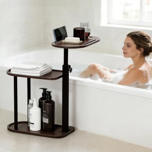 3 Layer Bathtub Tray Table,Bamboo Swivel Bathtub Side Table Height Adjustable,Freestanding Bathtub Tray for Tub Against Wall,Bathtub Accessories&Bathroom Organizer for Luxury Home Spa (Brown)