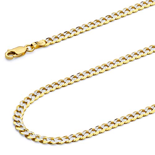 14k REAL Two Tone Gold 4.5mm Bevelled Hollow Cuban Curb White Pave Chain Bracelet with Lobster Claw Clasp - 7.5"
