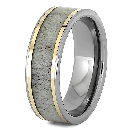 The Men's Jewelry Store (Unisex Jewelry) Deer Antler, 14k Yellow Gold 7mm Titanium Comfort-Fit Ring Size 11.5