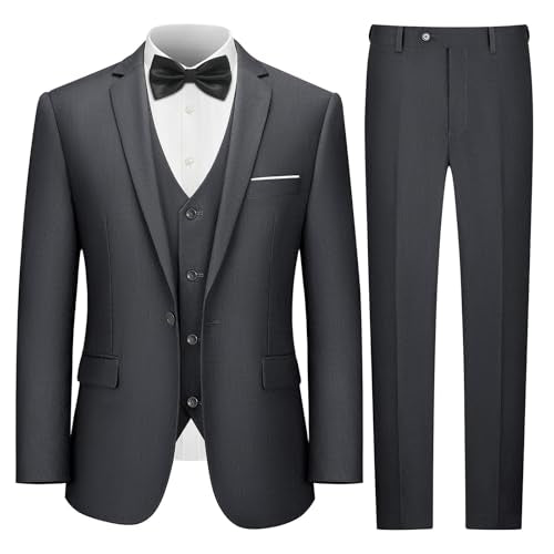 LUPURTY Men's One Button 3-Piece Suits Slim Fit Tuxedo Set with Blazer Jacket Vest & Pants for Wedding Prom Business,Dark Grey M