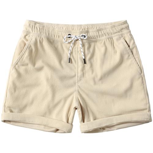 JOTOOK Men's Casual Drawstring Corduroy Shorts Elastic Waist Summer Shorts with Pocket Small Beige