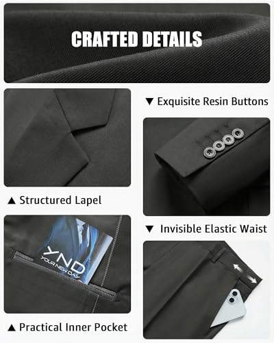 YND Men's 3 Piece Suit Set with Tie, 2 Button Slim Fit Solid Blazer Jacket Vest Pants, Business Wedding Party Suits for Men, Deep Grey