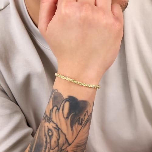 Nuragold 14k Real Yellow Gold Rope Chain 4mm Solid Diamond Cut Men Bracelet - 7.5"