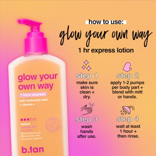b.tan Dark Self Tanning Lotion | Glow Your Own Way 1 Hr Express Sunless Tanner - Daily Quick Suntan Cream, Best Natural Bronze, Ultra Hydrating, Face & Body, No Fake Tan Smell, Summer & Pool Essential