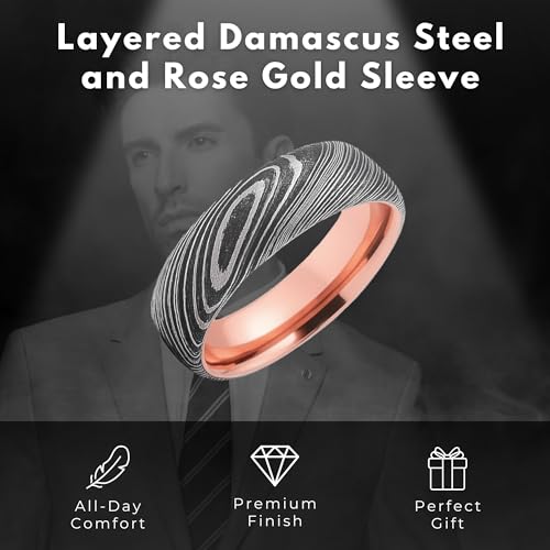 The Jewelry Source 7mm Damascus Steel Wedding Band for Men – 14K Rose Gold Sleeve – Comfort Fit Ring with Etched Grain Pattern (4)