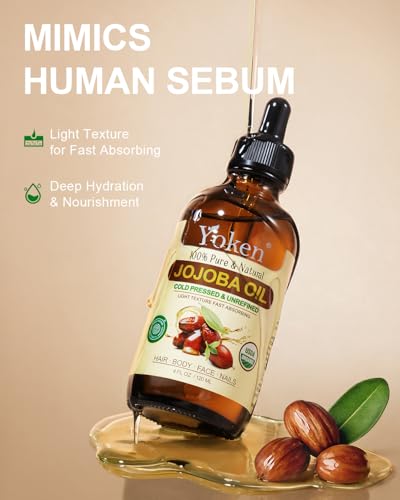Yoken Organic Jojoba Oil 4oz with dropper, Pure for Nails, Face & Skin Care