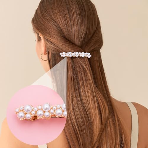 CTEAKOP 2 Pcs Pearl Hair Clips, Pearl-Embellished Barrette, Elegant Pearls Barrettes for Women, Party, Wedding, Daily Use, Graduation (Gold)