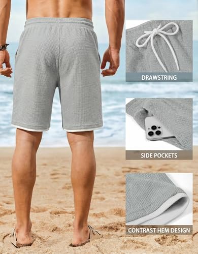 COOFANDY Mens Lounge Shorts Summer Beach Sweat Shorts Elastic Waistband Casual Vacation Waffle Shorts Light Grey
