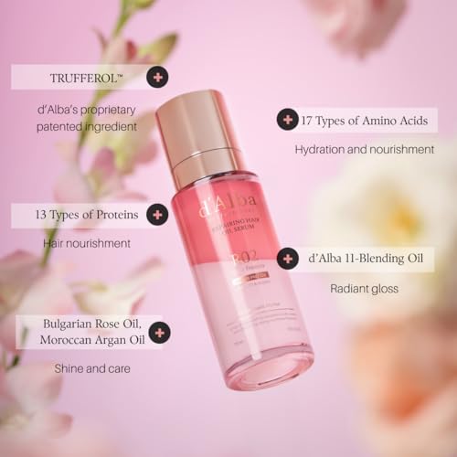 d'alba Piedmont Professional Reparing Hair Oil Serum (2.54 fl oz), Silky and Glossy Hair, Lightweight & Airy Finish, Argan Oil, Amino Acid, Protein Complex, Rose Freesia Scent