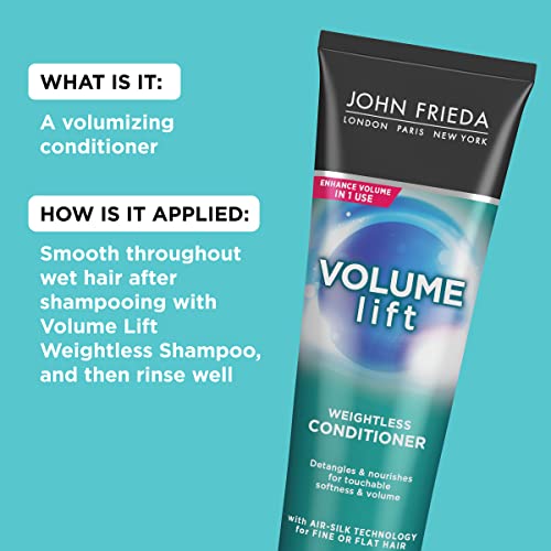 John Frieda Volume Lift Weightless Conditioner, Lightweight Volumizing Conditioner with Air-Silk Technology for Fine or Flat Hair, Adds Natural Fullness, Safe for Color-Treated Hair, 8.45 Oz