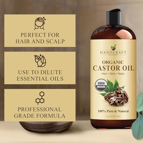 Handcraft Blends Organic Castor Oil 16 Fl Oz | 100% Pure and Natural | Premium Grade Carrier Oil | Hair, Eyelashes and Eyebrows | Hair and Body | Expeller-Pressed | Hexane-Free