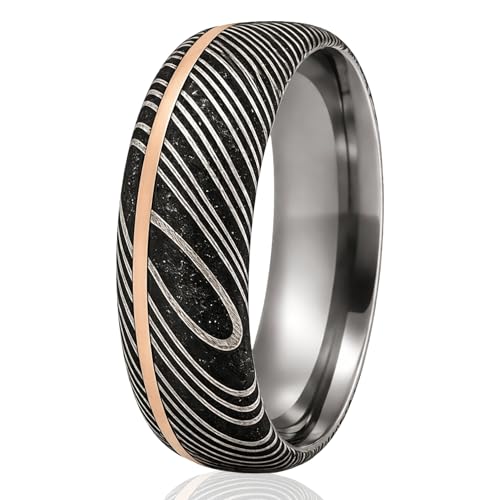 6mm Damascus Steel Men’s Wedding Ring – Rose Gold Inlay & Comfort Fit Band – Textured Black Grain – Custom Sizing Available (15)
