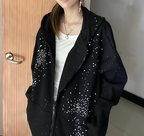 clyinsna Goth Y2K Rhinestone Hoodie for Women Men Oversized Diamond Hoodie Luxury Bedazzled Streetwear Pullover (Black,X-Large)