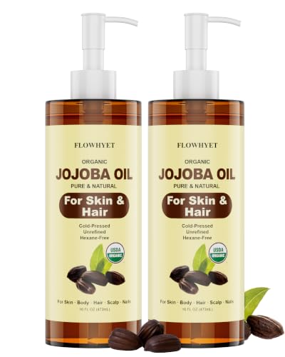 FLOWHYET USDA Organic Jojoba Oil Cold Pressed, 100% Pure, 16 fl oz, 2 Pack