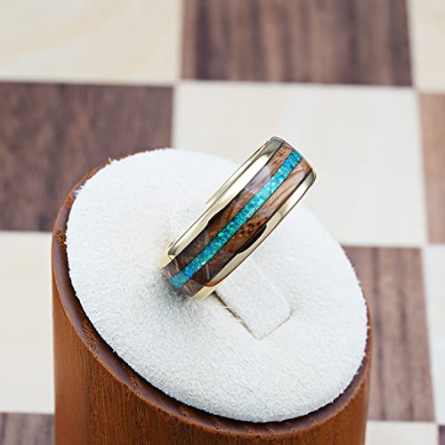 100S JEWELRY 14k Gold Tungsten Rings For Men Whiskey Barrel & Green Opal Wedding Promise Engagement Band Size 6-16 (Gold, 10)