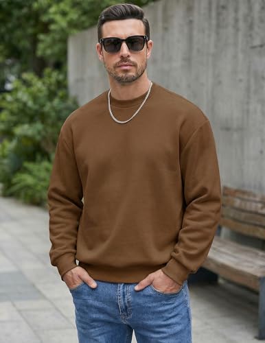 JMIERR Men's Casual Fleece Long Sleeves Crewneck Essential Sweatshirts Thick Cotton Pullover Sweatshirt for Men, Large, Brown